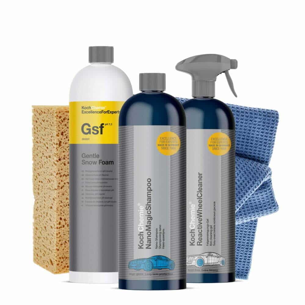 Car Wash Kit: Shampoo, Foam, Wheel Cleaner, Sponge and Drying Towels