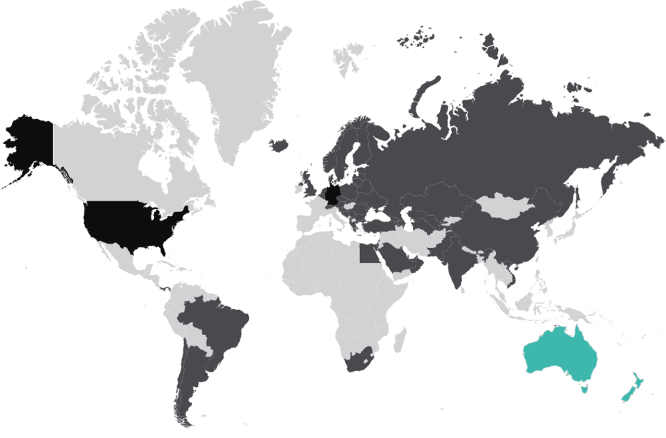 World map with highlighted Australia and New Zealand